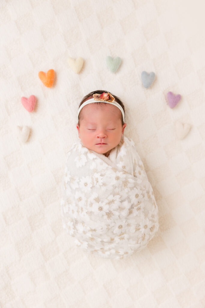 rainbow baby, newborn photographer, floral newborn, lace newborn